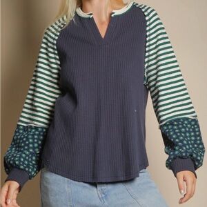 New In Women’s Navy Top with Green and White Striped Collar